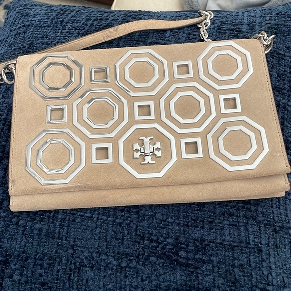 Tory Burch Kira Octagon Suede Purse, Clutch with Strap - Nude/Neutral - Picture 7 of 12